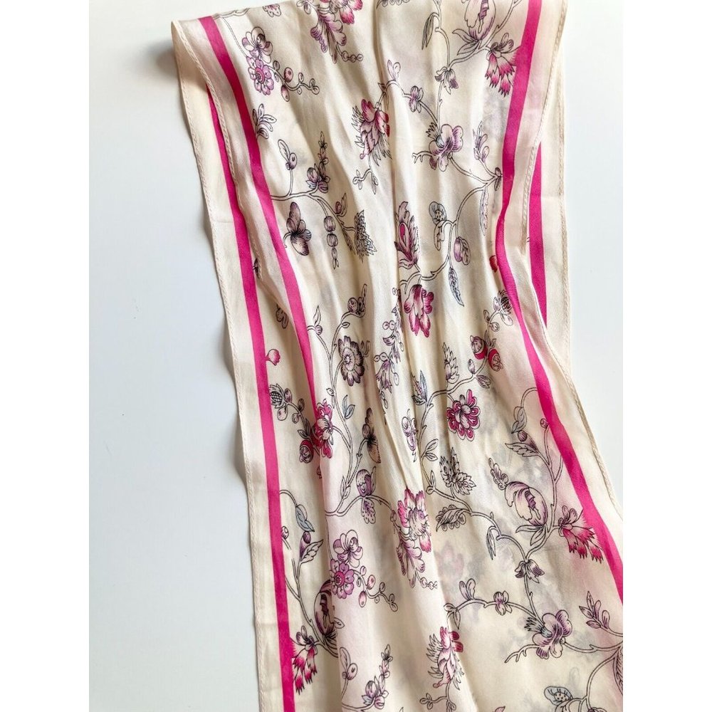 Vintage ANNE KLEIN Pink Ivory Floral Silk Crepe 68" x 8" Long Skinny Scarf - Picture 9 of 11